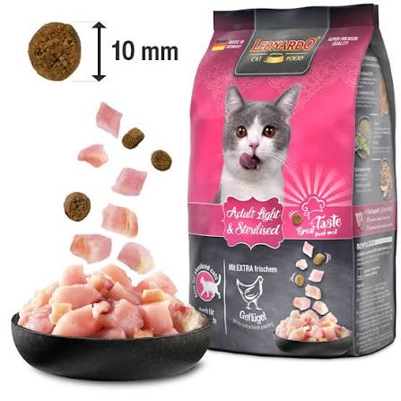 غذای خشک گربه مدل لئوناردو  لایت .باطعم طیور ومرغ تازه مخصوص گربه ی بالغ ومناسب برای گربه ای عقیم شده در [ بسته بندی پلمپ واورجینال ]