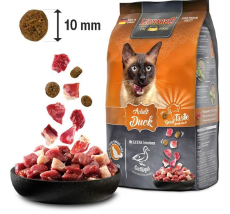 غذای خشک گربه مدل لئوناردو  Duck با طعم اردک و مرغ تازه مخصوص گربه های پشمالو در [بسته بندی پلمپ واورجینال ]